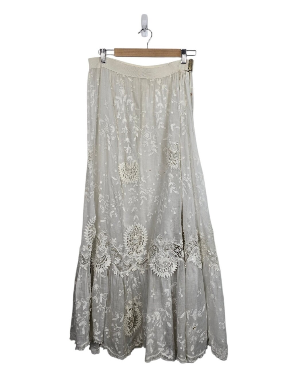 Antique Edwardian Whitework Embroidered Sheer Tiered Maxi Skirt c.1905–1915